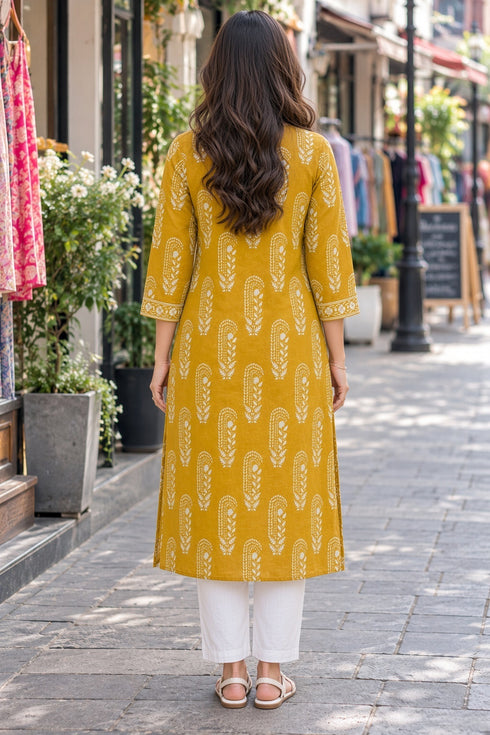 Mustard Pure Cotton Ikat Printed Kurta For Women