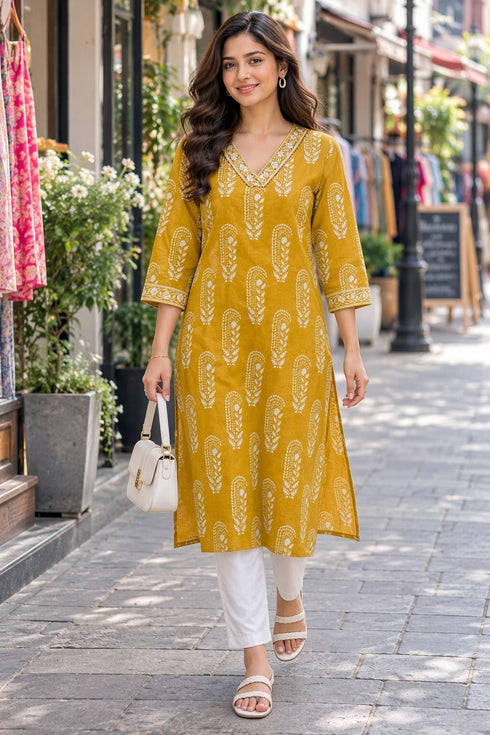Mustard Pure Cotton Ikat Printed Kurta For Women