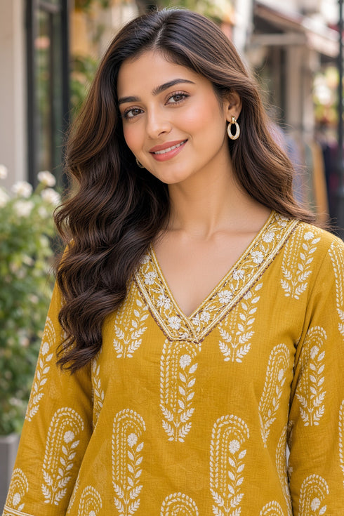 Mustard Pure Cotton Ikat Printed Kurta For Women