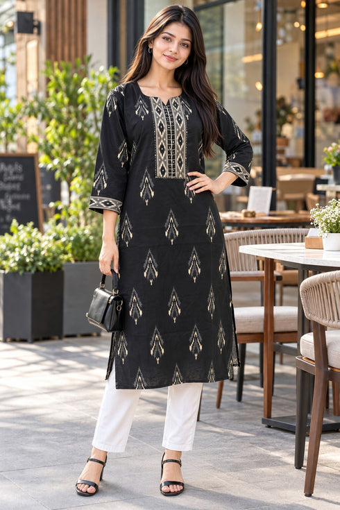 Black Pure Cotton Ikat Printed Kurta For Women