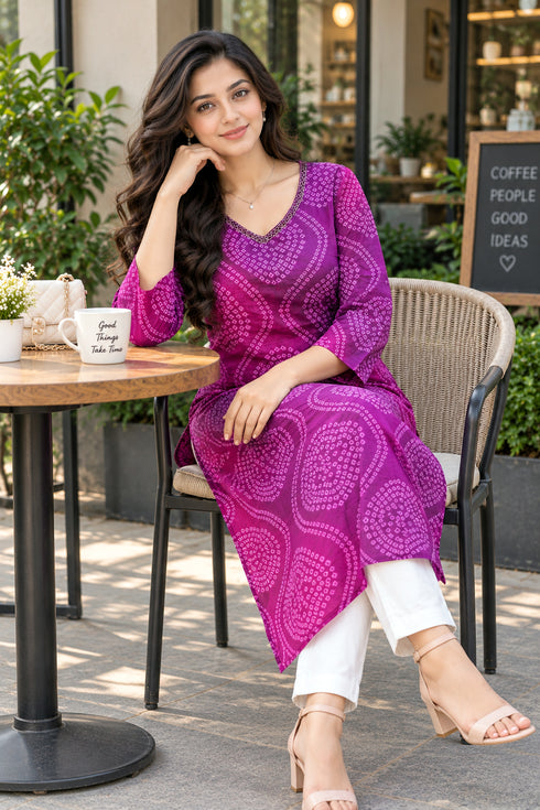 Purple & Pink Pure Cotton Bandhej Printed Kurti