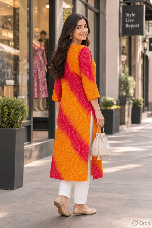 Orange & Red Pure Cotton Bandhej Printed Kurti