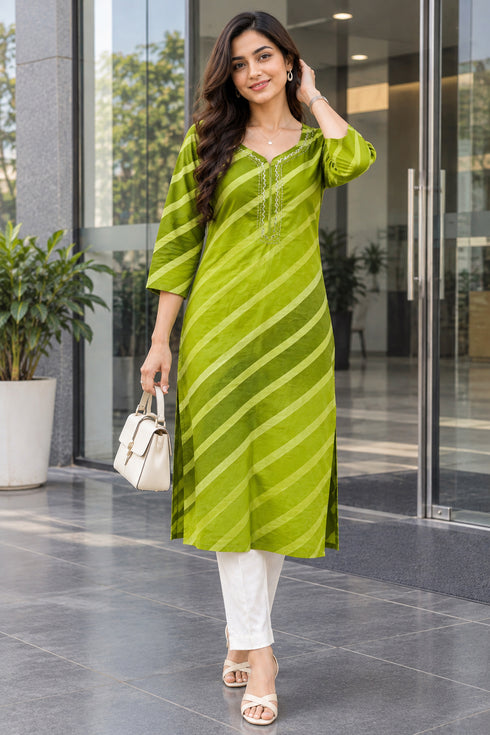 Parrot Green Pure Cotton Ikat Printed Kurta For Women