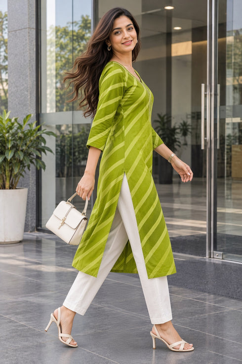 Parrot Green Pure Cotton Ikat Printed Kurta For Women