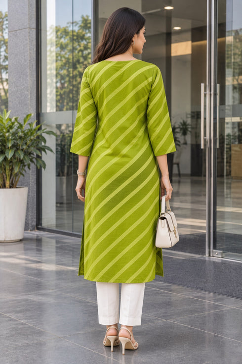 Parrot Green Pure Cotton Ikat Printed Kurta For Women