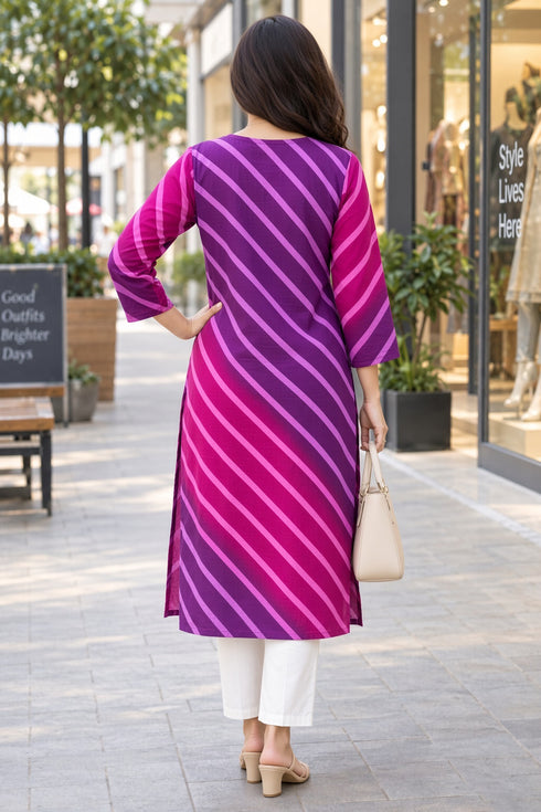 Purple & Pink Pure Cotton Ikat Printed Kurta For Women