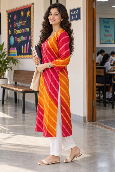 Orange & Red Pure Cotton Ikat Printed Kurta For Women