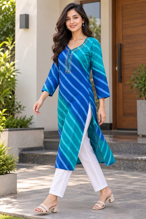 Blue Pure Cotton Ikat Printed Kurta For Women