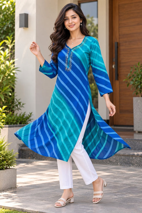 Blue Pure Cotton Ikat Printed Kurta For Women