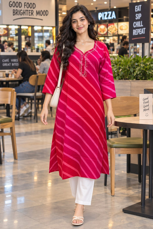 Pink & Red Pure Cotton Ikat Printed Kurta For Women