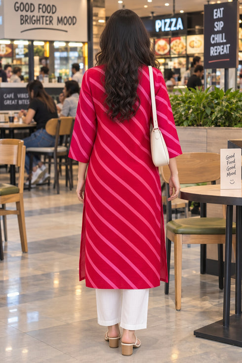 Pink & Red Pure Cotton Ikat Printed Kurta For Women