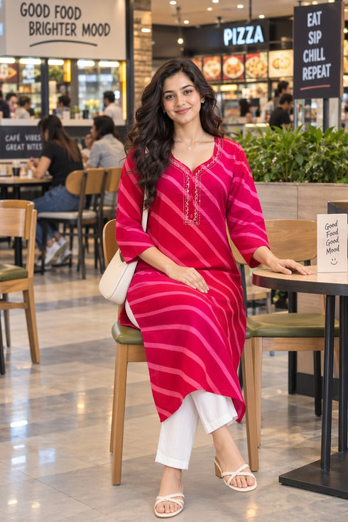 Pink & Red Pure Cotton Ikat Printed Kurta For Women