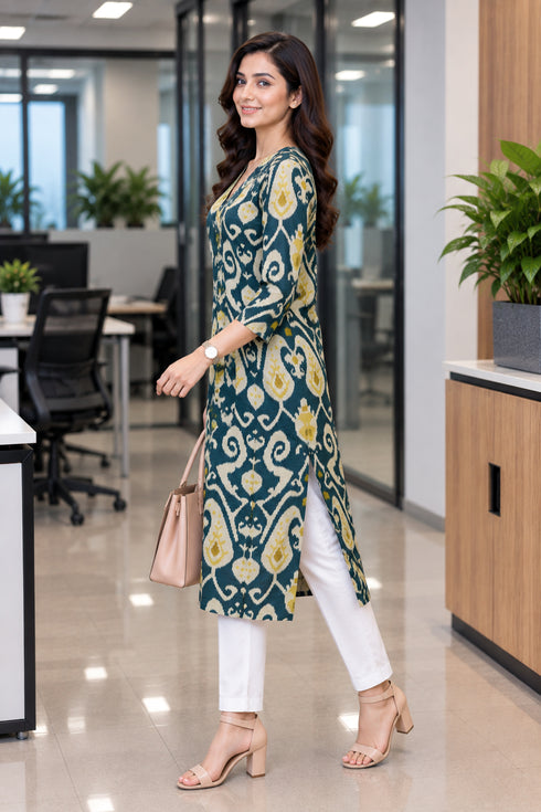 Green Pure Cotton Ikat Printed Kurta For Women
