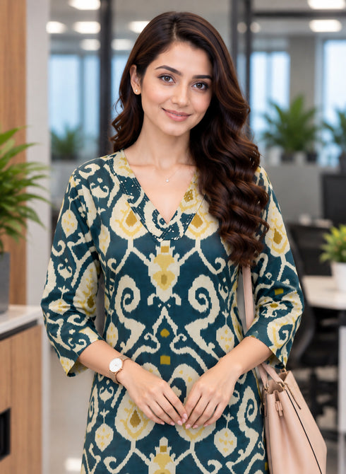 Green Pure Cotton Ikat Printed Kurta For Women