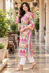 Pink & Beige Pure Cotton Ikat Printed Kurta For Women