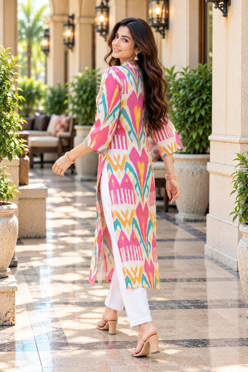Pink & Beige Pure Cotton Ikat Printed Kurta For Women