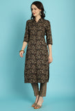 Black & Beige Rayon Jaipuri Printed Kurta With Pant