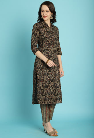 Black & Beige Rayon Jaipuri Printed Kurta With Pant