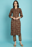 Maroon & Beige Rayon Jaipuri Printed Kurta With Pant