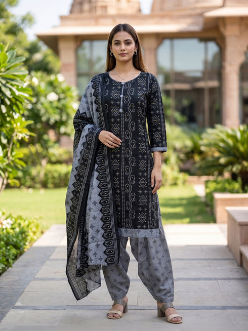 Black Cotton Blend Printed Ready to Wear Patiala Salwar Suit