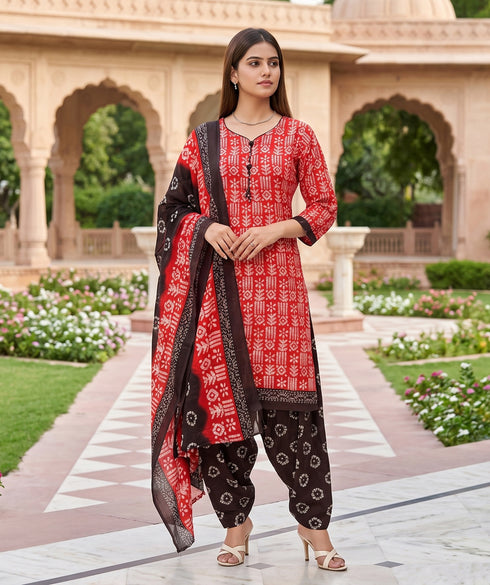 Red Cotton Blend Printed Ready to Wear Patiala Salwar Suit