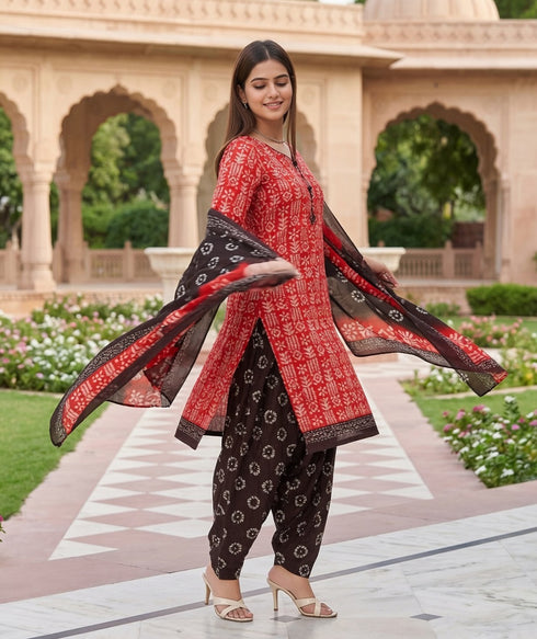 Red Cotton Blend Printed Ready to Wear Patiala Salwar Suit