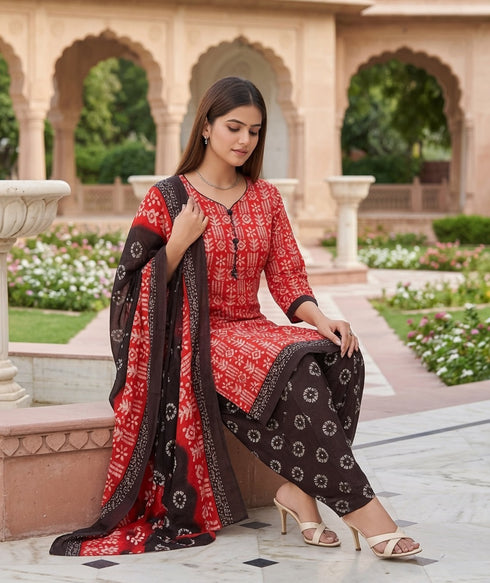 Red Cotton Blend Printed Ready to Wear Patiala Salwar Suit