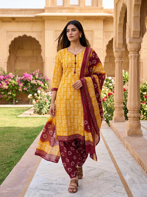 Yellow Cotton Blend Printed Ready to Wear Patiala Salwar Suit