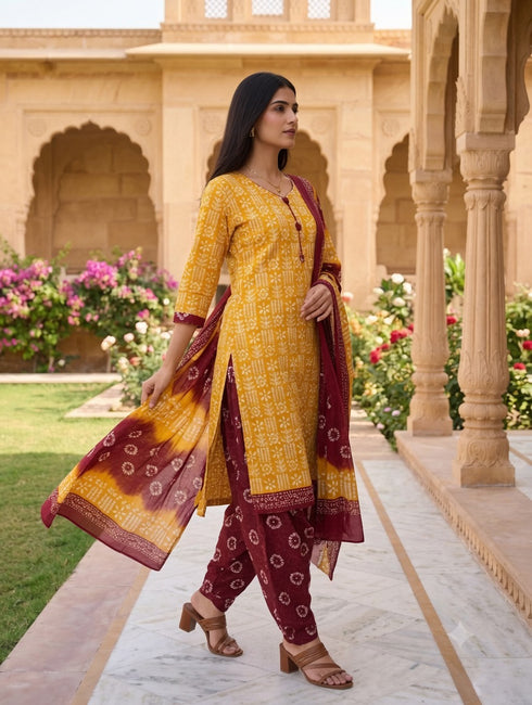 Yellow Cotton Blend Printed Ready to Wear Patiala Salwar Suit