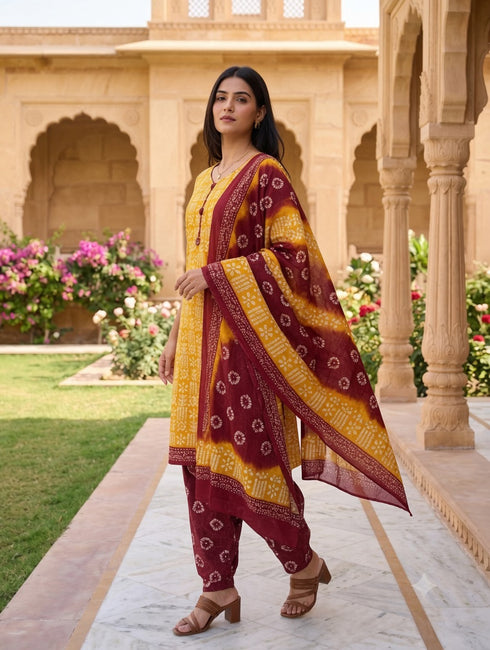 Yellow Cotton Blend Printed Ready to Wear Patiala Salwar Suit
