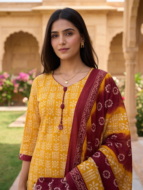 Yellow Cotton Blend Printed Ready to Wear Patiala Salwar Suit