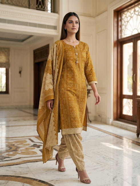 Mustard Cotton Blend Printed Ready to Wear Patiala Salwar Suit