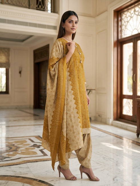 Mustard Cotton Blend Printed Ready to Wear Patiala Salwar Suit