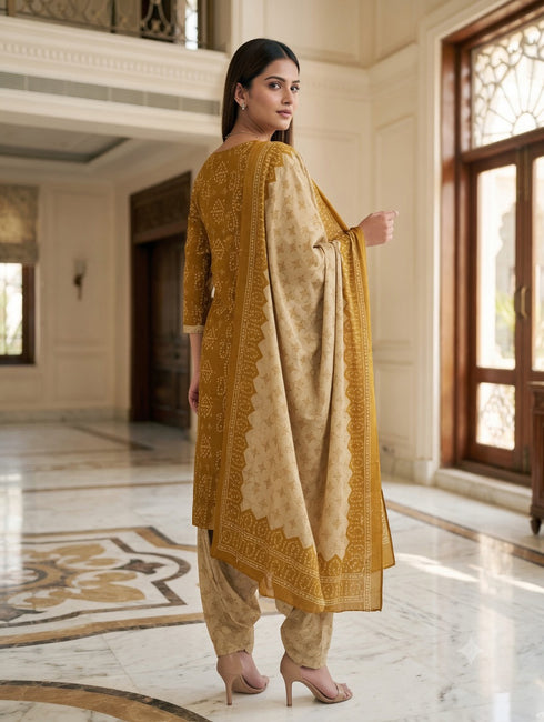 Mustard Cotton Blend Printed Ready to Wear Patiala Salwar Suit