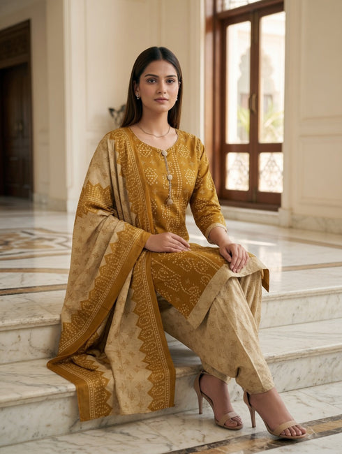 Mustard Cotton Blend Printed Ready to Wear Patiala Salwar Suit