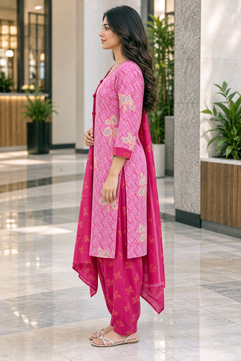 Baby Pink Cotton Blend Printed Ready to Wear Patiala Salwar Suit