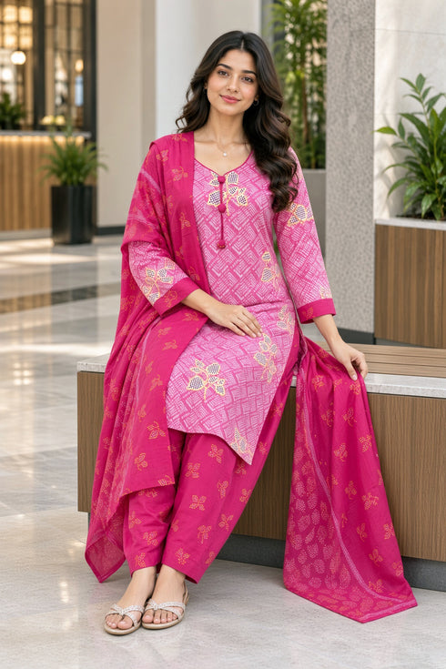 Baby Pink Cotton Blend Printed Ready to Wear Patiala Salwar Suit