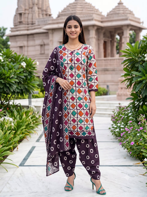 Beige & Wine Cotton Blend Printed Ready to Wear Patiala Salwar Suit