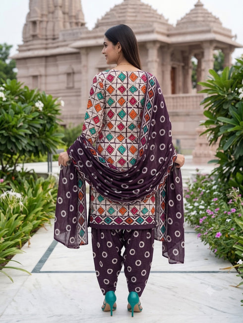 Beige & Wine Cotton Blend Printed Ready to Wear Patiala Salwar Suit
