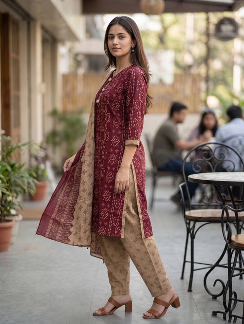 Maroon Cotton Blend Floral Printed Ready to Wear Patiala Salwar Suit