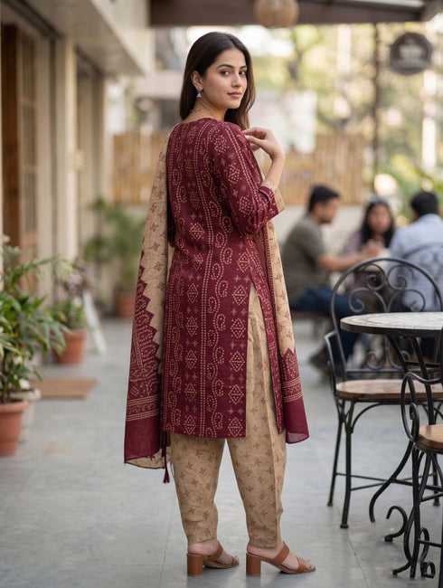 Maroon Cotton Blend Floral Printed Ready to Wear Patiala Salwar Suit
