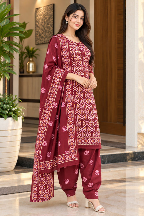 Maroon Cotton Blend Printed Ready to Wear Patiala Salwar Suit