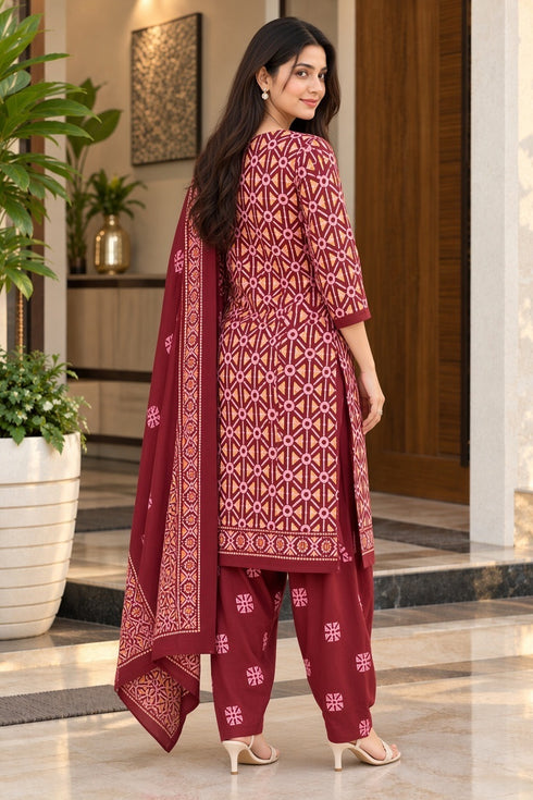 Maroon Cotton Blend Printed Ready to Wear Patiala Salwar Suit