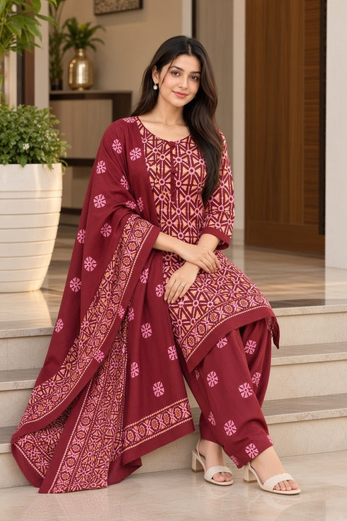 Maroon Cotton Blend Printed Ready to Wear Patiala Salwar Suit