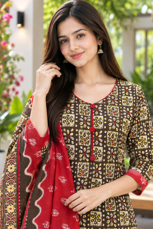 Brown Cotton Blend Printed Ready to Wear Patiala Salwar Suit