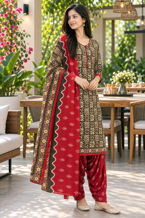 Brown Cotton Blend Printed Ready to Wear Patiala Salwar Suit