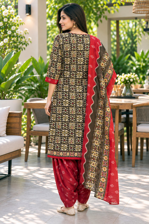 Brown Cotton Blend Printed Ready to Wear Patiala Salwar Suit
