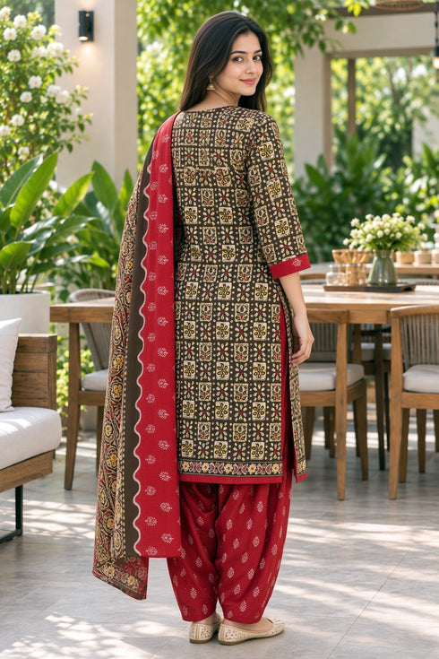 Brown Cotton Blend Printed Ready to Wear Patiala Salwar Suit