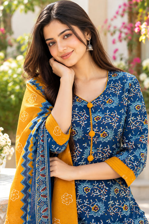 Teal Cotton Blend Printed Ready to Wear Patiala Salwar Suit