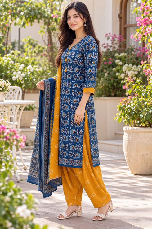 Teal Cotton Blend Printed Ready to Wear Patiala Salwar Suit